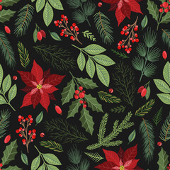 Deken met foto Kerstmis motieven patronen Seamless pattern with hand drawn poinsettia flowers and floral branches and berries, christmas florals.  © Anastasiya