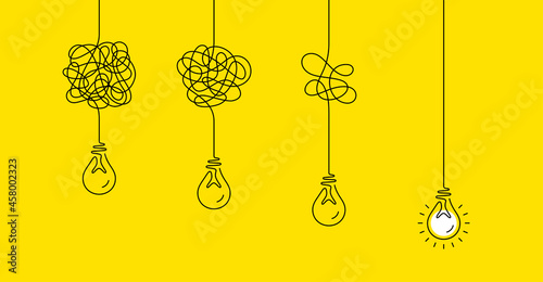 Simplify complex process background. Untangled problem, confuse, lightbulb idea concept. Trouble anxiety, simplify purpose and confuse mind. Think right, complex path and untangle solution. Vector photo