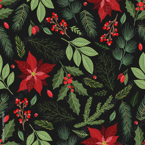 Seamless pattern with hand drawn poinsettia flowers and floral branches and berries, christmas florals. photo