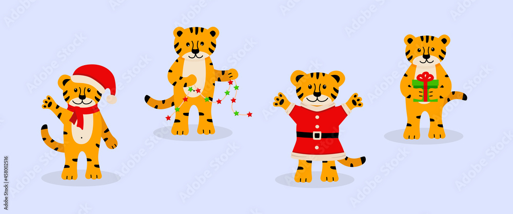 Obraz premium A set of Christmas tiger, cute cartoon symbols of the year. Vector illustration, the concept of Christmas and New Year.
