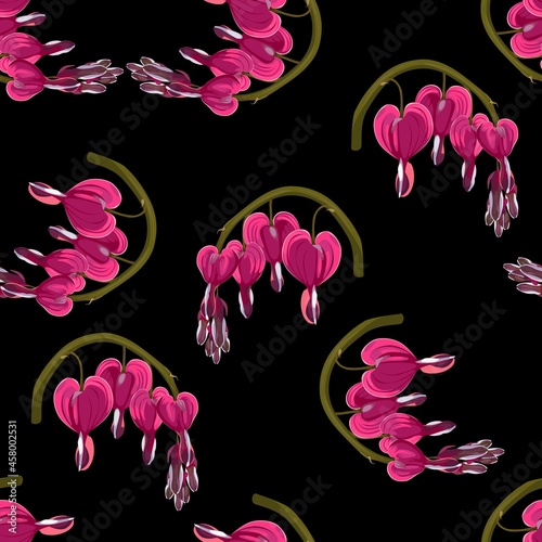 Seamless background from a flowers ornament, fashionable modern wallpaper or textile. Illustration bleeding heart (Dicentra spectabilis). Black background.