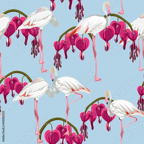 Seamless background from a flowers and flamingo birds ornament, fashionable modern wallpaper or textile. Illustration bleeding heart (Dicentra spectabilis).