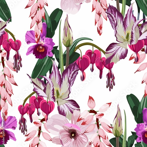 Seamless background from a flowers ornament, fashionable modern wallpaper or textile. Illustration bleeding heart (Dicentra spectabilis), orchids and tulips exotic tropical background.