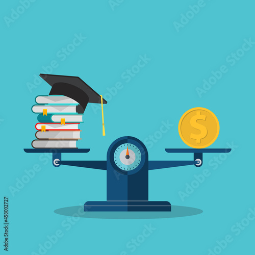 Books, graduation hat and dollar on scales. Investment in education concept. Vector illustration