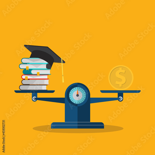 Books, graduation hat and dollar on scales. Investment in education concept. Vector illustration