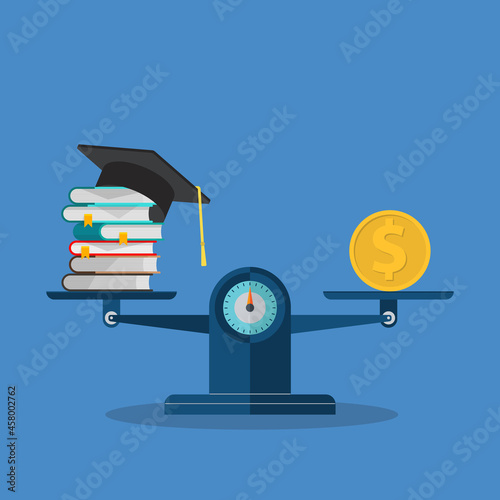 Books, graduation hat and dollar on scales. Investment in education concept. Vector illustration