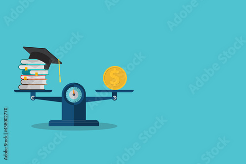 Books, graduation hat and dollar on scales. Investment in education concept. Vector illustration