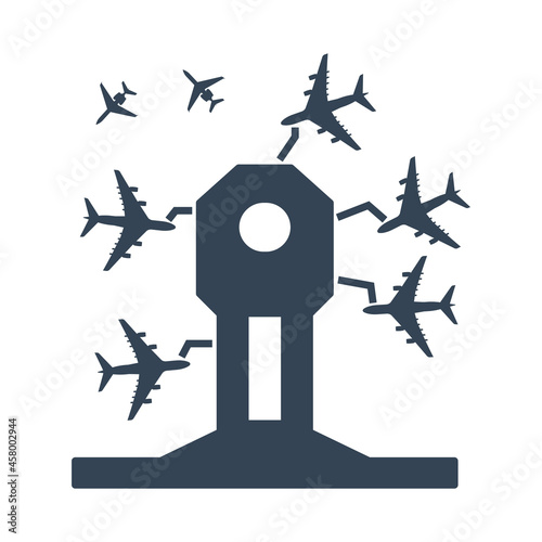 Vector black icon airport terminal, airplane parking