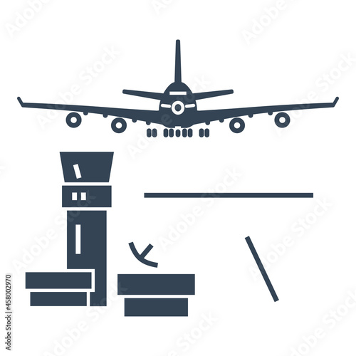 Vector black icon airport control tower, airplane is taking off