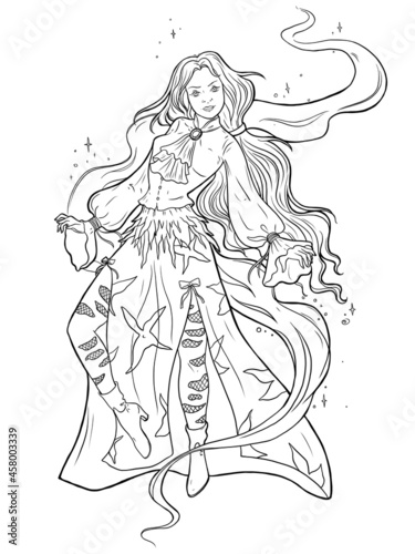 Witch with with flowing hair in beautiful costume conjure and flying in air. Magic vibes around her. Fairytale character design. Black and white vector illustration