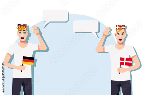 The concept of international communication, sports, education, business between Germany and Denmark. Men with German and Danish flags. Vector illustration.