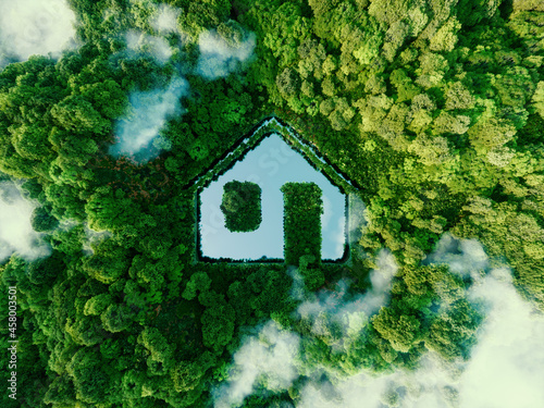 Fototapeta Naklejka Na Ścianę i Meble -  Concept depicting new possibilities for the development of sustainable construction technologies and green living the form of a house-shaped pond located in a lush forest. 3d rendering.