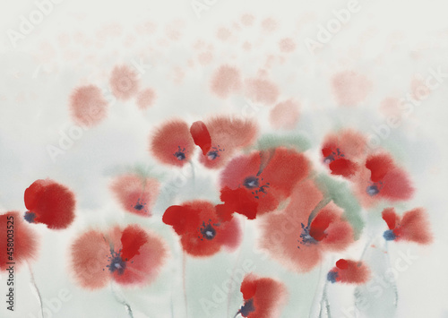 Red poppy field in the Sun watercolor background photo