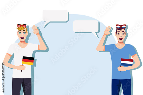 The concept of international communication, sports, education, business between Germany and the Netherlands. Men with German and Dutch flags. Vector illustration.