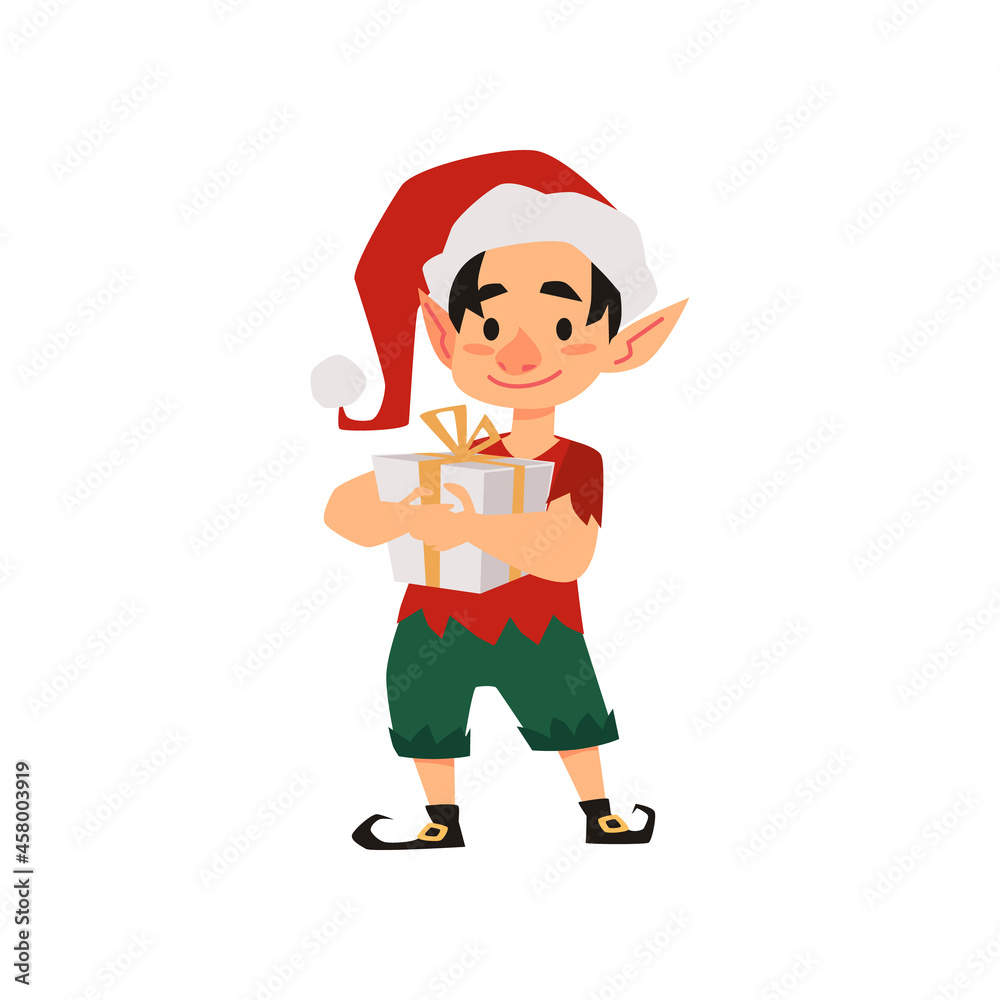 Cute christmas elf helper santa claus hold holiday present a vector illustration Cute christmas elf helper santa claus hold holiday present a vector illustration
