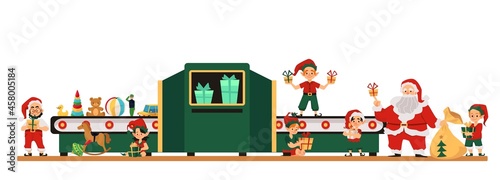 Christmas factory or Santas gifts plant, flat vector illustration isolated.