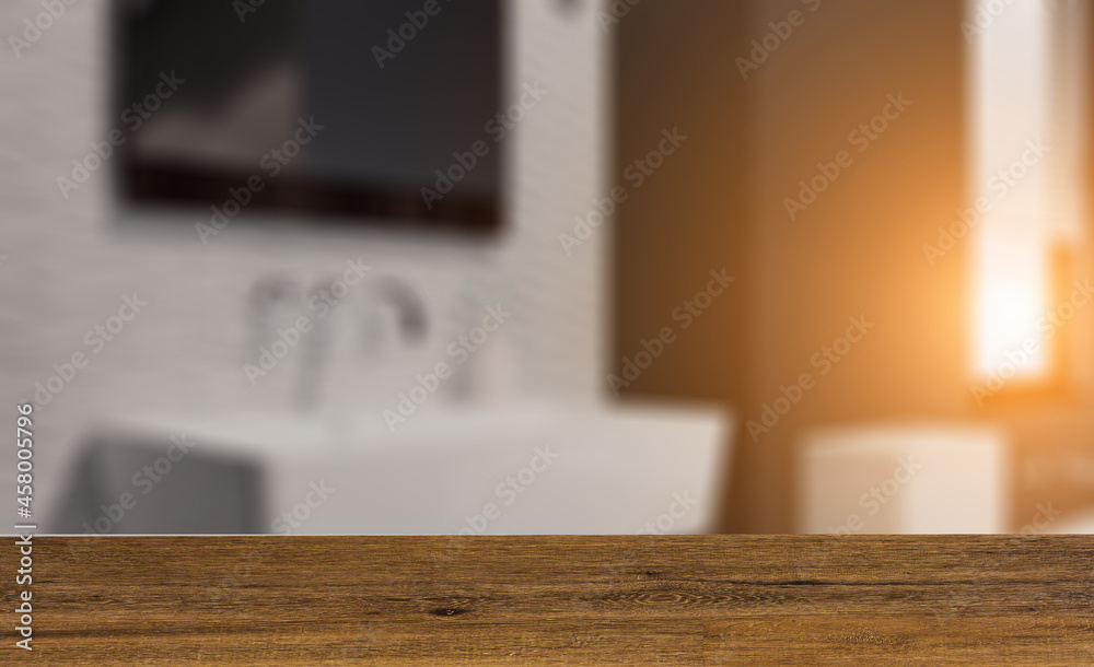 Background with empty table. Flooring. Clean and fresh bathroom with natural light. 3D rendering.. Suns Background with empty table. Flooring. Clean and fresh bathroom with natural light. 3D rendering.. Suns