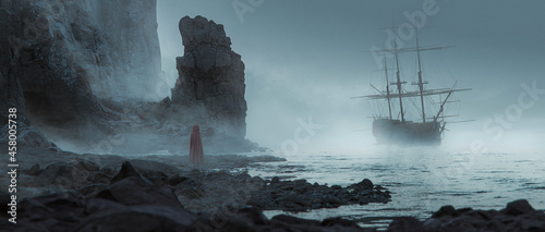 odd figure standing on a sandstone beach near the ocean looking at a ghost ship approaching the coast in a mist cloudly day foreground out of focus - concept art - 3D rendering  photo