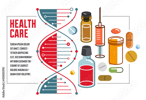 DNA strand based medical theme composition with lots of different drugs and meds vector illustration isolated, drugstore or medical biotechnology scientific research.