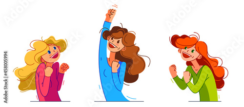 Happy young girl excited with winner gesture vector illustrations set, woman saying yes to success and goal cartoon drawing, champion win.