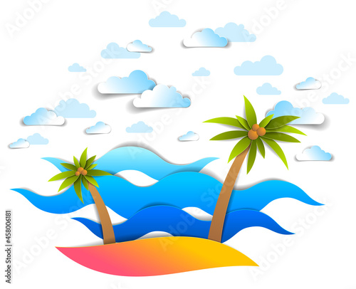 Beach with palms, sea waves perfect seascape, clouds in the sky, summer beach holidays theme paper cut style vector illustration. © Sylverarts