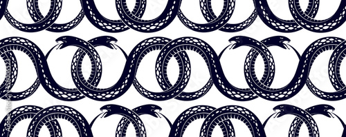 Seamless snakes pattern in vintage drawing style, dangerous poisoned reptiles vector background, endless tiling wallpaper, subculture rock n roll and hard rock theme.