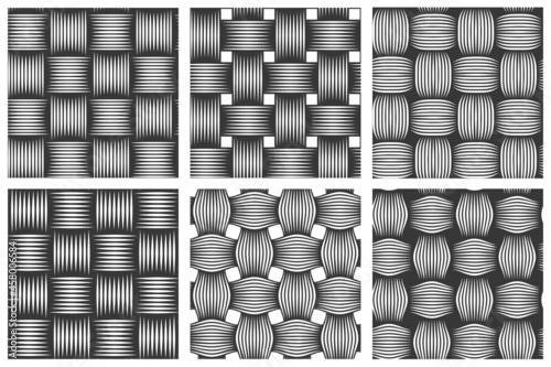 Weave seamless patterns set, vector linear backgrounds with woven textures, textile knitted repeat tiling wallpapers, perfect simplistic minimal designs.