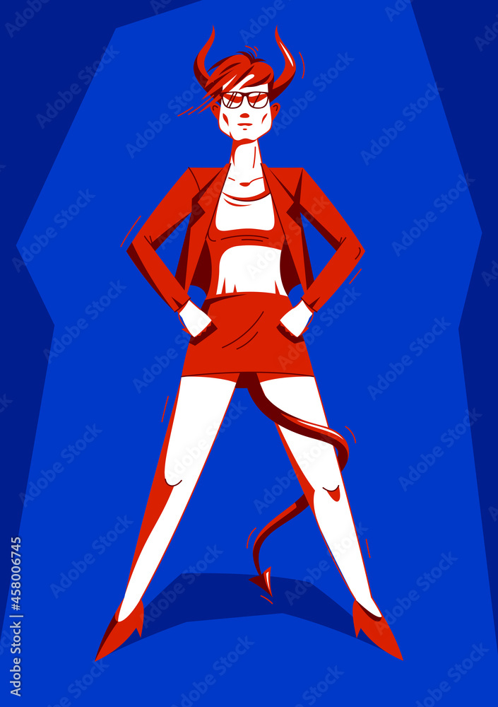 Big boss bossy girl with horns like demon or devil stands confident serious and angry vector illustration, bad boss despot and tyrant concept, bad queen strong and independent woman.