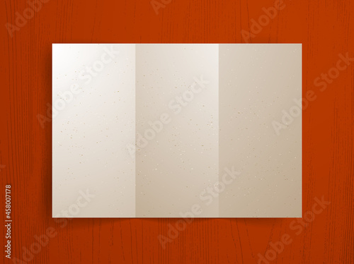 A4 print format folded paper sheet memo over wooden background vector realistic illustration, design element for message mockup.