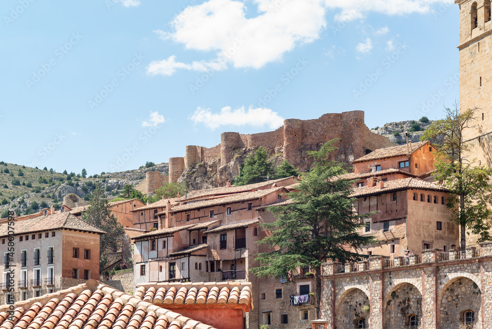 View of ancient castel and some traditional houses of Albarracín, Spain. 