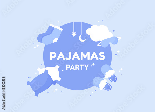 Colored pajama party banner with you're invited to pajama party. Poster with text. Flat design. Blue and white