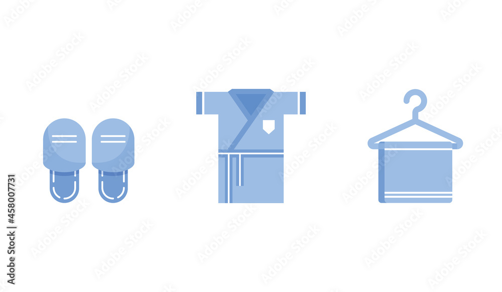 Fototapeta premium Bathrobe with slippers and towel in flat flat design set icon. Spa hotel service vector illustration. Isolated on white background. Blue color