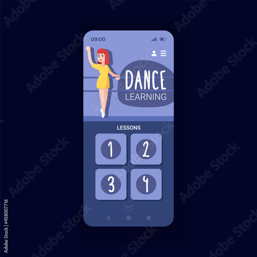 Online dance classes smartphone interface vector template. Mobile app page design layout. Online fitness lessons. Various dance routine tutorials screen. Flat UI for application. Phone display
