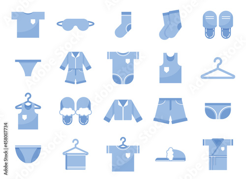 Set of icons with clothes for home, sleep and after bath or spa. Vector in flat design isolated on white background. Blue color