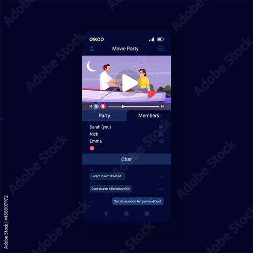 Video streaming platform app smartphone interface vector template. Mobile app page design layout. Group, party movies watching service screen. Flat UI for application. Phone display