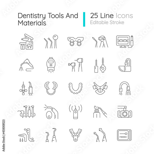 Dentistry tools and materials linear icons set. Dental procedures. Tooth repairing, treatment. Customizable thin line contour symbols. Isolated vector outline illustrations. Editable stroke