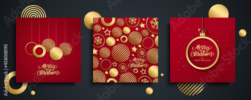 Christmas luxury greeting cards set. Merry Christmas holiday invitations templates collection with hand drawn lettering and gold Christmas balls on red backgrounds. Vector illustration.