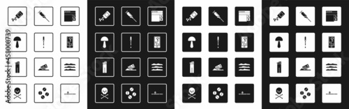 Set Buying drugs online, Pipette, Psilocybin mushroom, Medicine bottle and pills, phone, Syringe, Cocaine or heroin and Lighter icon. Vector