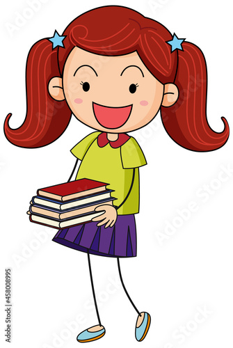 A doodle kid holding many books cartoon character isolated