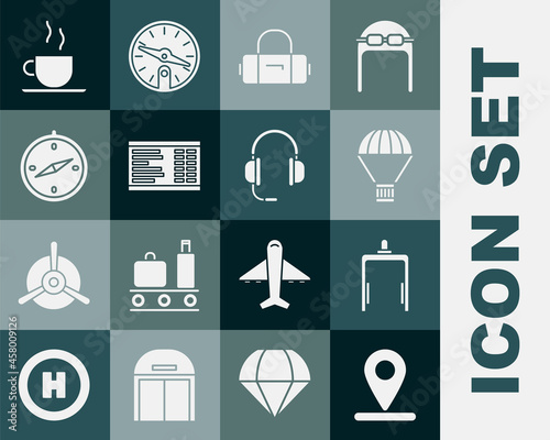 Set Location, Metal detector in airport, Box flying parachute, Suitcase, Airport board, Compass, Coffee cup and Headphones with microphone icon. Vector