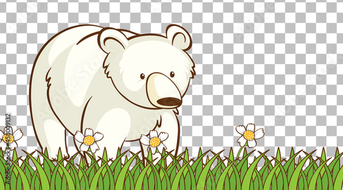 White bear sitting on the grass field on transparent background