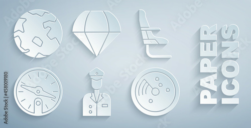 Set Pilot, Airplane seat, Compass, Radar with targets on monitor, Parachute and Worldwide icon. Vector