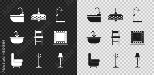 Set Washbasin with water tap, Chandelier, Shower, Armchair, Coat stand, Floor lamp, and Chair icon. Vector