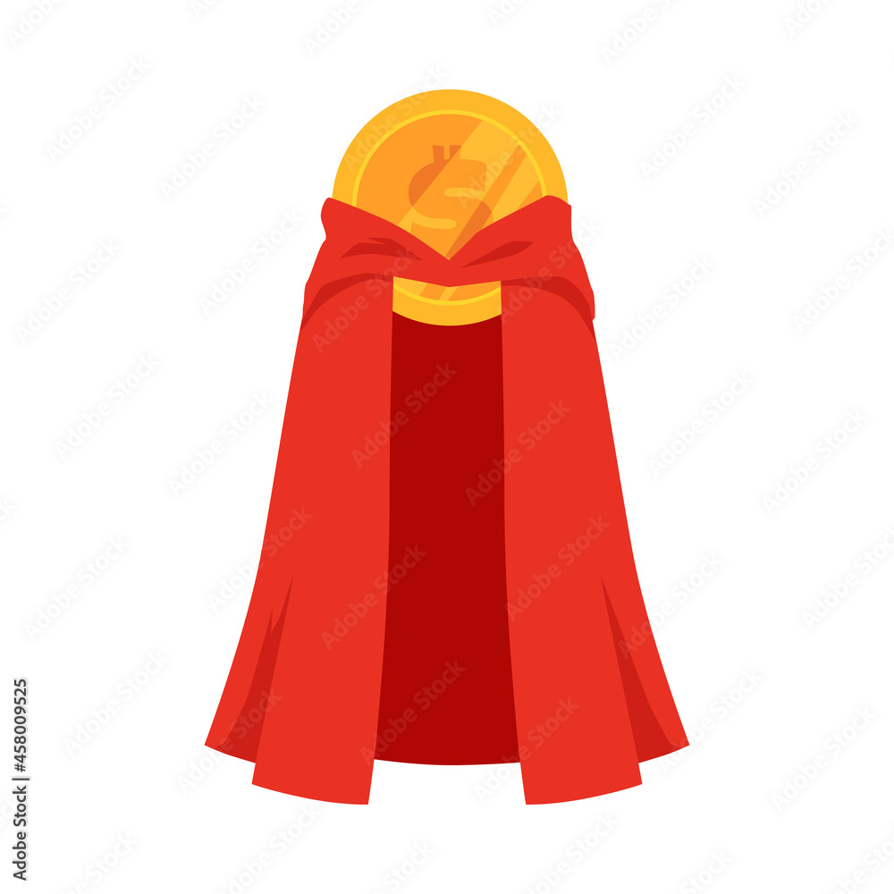 Red super hero cape with gold dollar coin, flat vector illustration isolated. Red super hero cape with gold dollar coin, flat vector illustration isolated.