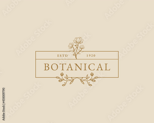 Botanical Hand Drawn Logo with Wild Flower and Leaves. Logo for spa and beauty salon  boutique  organic shop  wedding  floral designer  interior  photography  cosmetic. Floral element