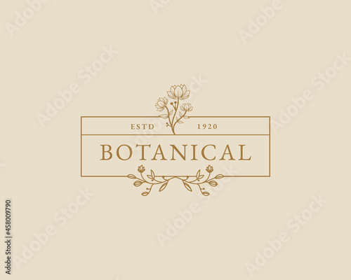 Botanical Hand Drawn Logo with Wild Flower and Leaves. Logo for spa and beauty salon, boutique, organic shop, wedding, floral designer, interior, photography, cosmetic. Floral element