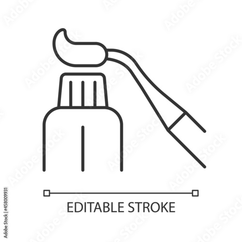 Resin dental material linear icon. Treating tooth decay. Biocompatible restorative filling. Thin line customizable illustration. Contour symbol. Vector isolated outline drawing. Editable stroke