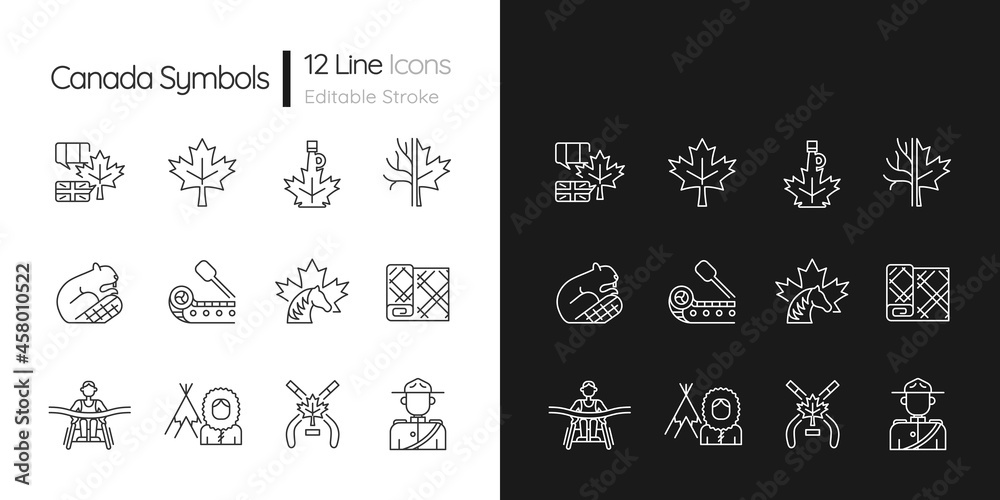 Canadian symbols linear icons set for dark and light mode. Official canadian emblem. North american beaver. Customizable thin line symbols. Isolated vector outline illustrations. Editable stroke Canadian symbols linear icons set for dark and light mode. Official canadian emblem. North american beaver. Customizable thin line symbols. Isolated vector outline illustrations. Editable stroke