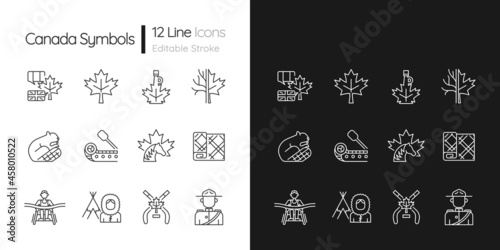 Canadian symbols linear icons set for dark and light mode. Official canadian emblem. North american beaver. Customizable thin line symbols. Isolated vector outline illustrations. Editable stroke