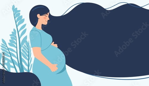 Pregnancy. A modern poster with a cute pregnant woman with long hair and a place for text.